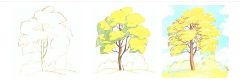 Последовательность рисования дерева в теплом колорите (гуашь)